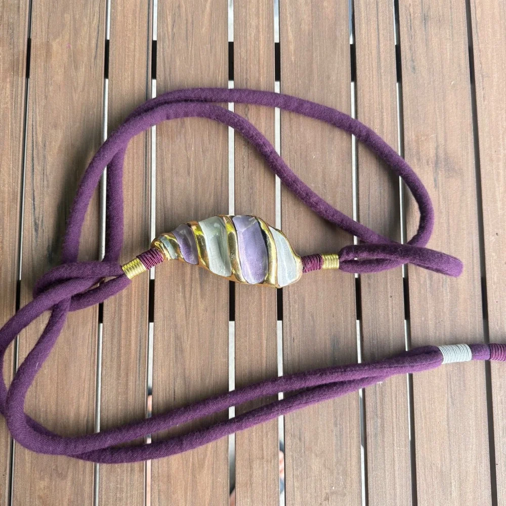 Vintage Artisan Ceramic Shell Rope Belt Purple Gold Glazed Sculptural Tie Belt